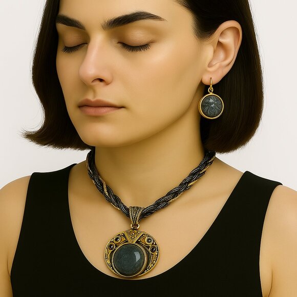 Layered Gold-Tone Beaded Necklace Set with Circle Pendant & Matching Earrings - Picture 1 of 12